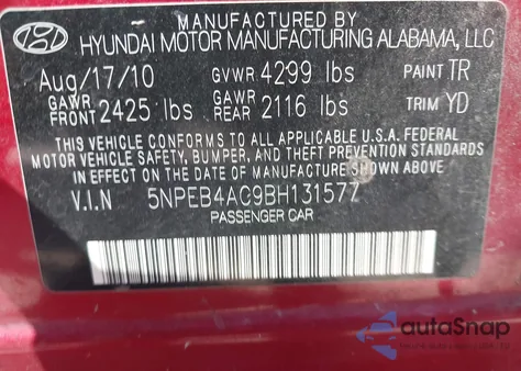 2011 Hyundai Sonata Gls from USA, damaged, VIN 5NPEB4AC9BH131577